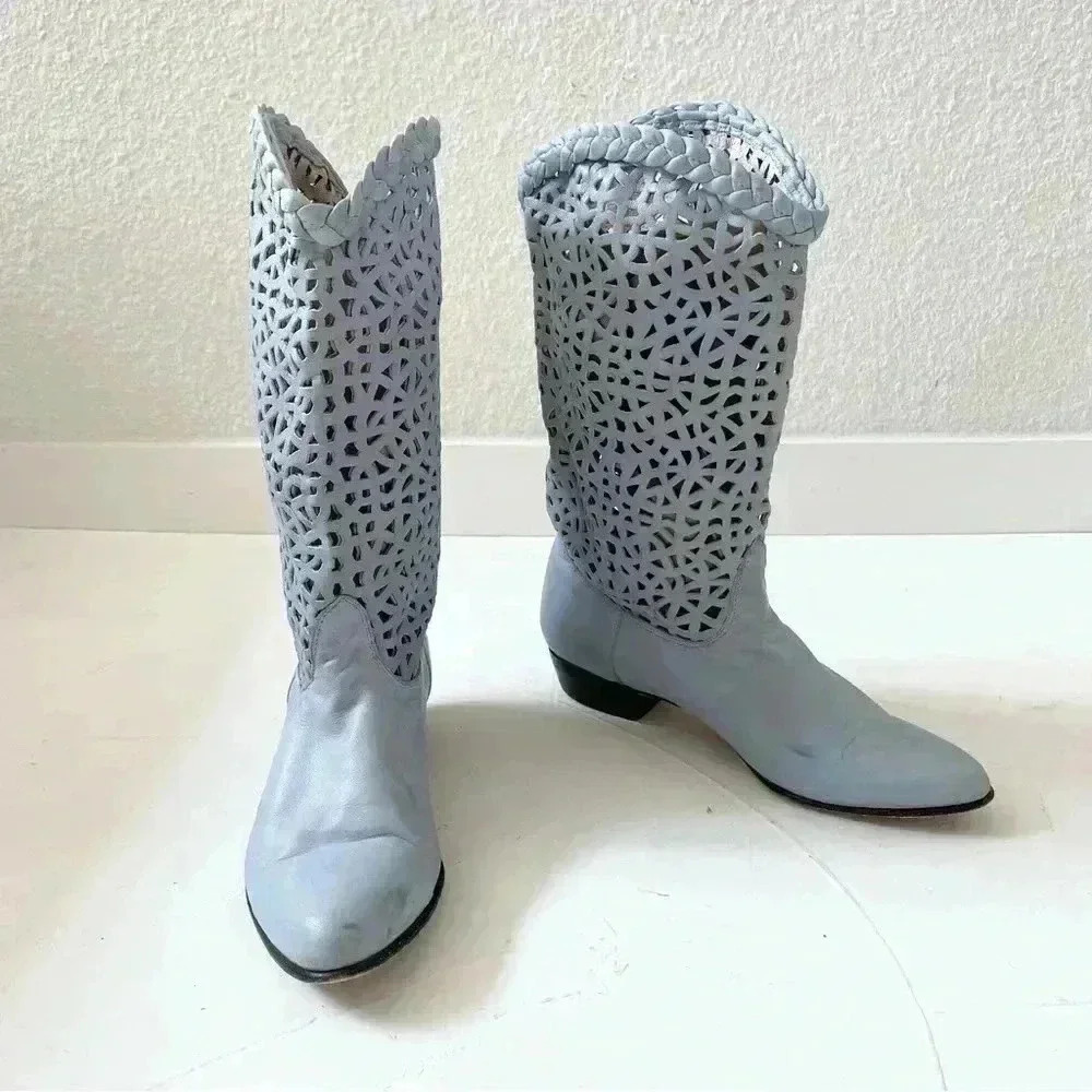 Vintage 80s Steve Fleming Western Blue Mid Calf Boots Perforated Cut Out Boho